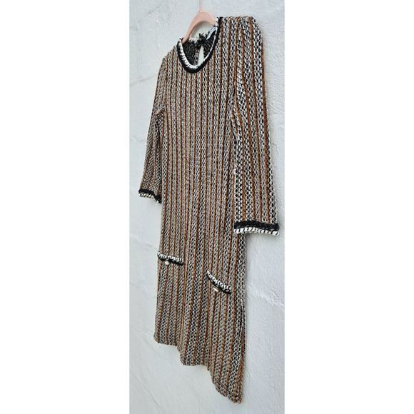 ZARA Trafaluc Womens Mini Shift Dress Small Brown Tweed 3/4 Sleeve Pearl Buttons - Picture 3 of 10